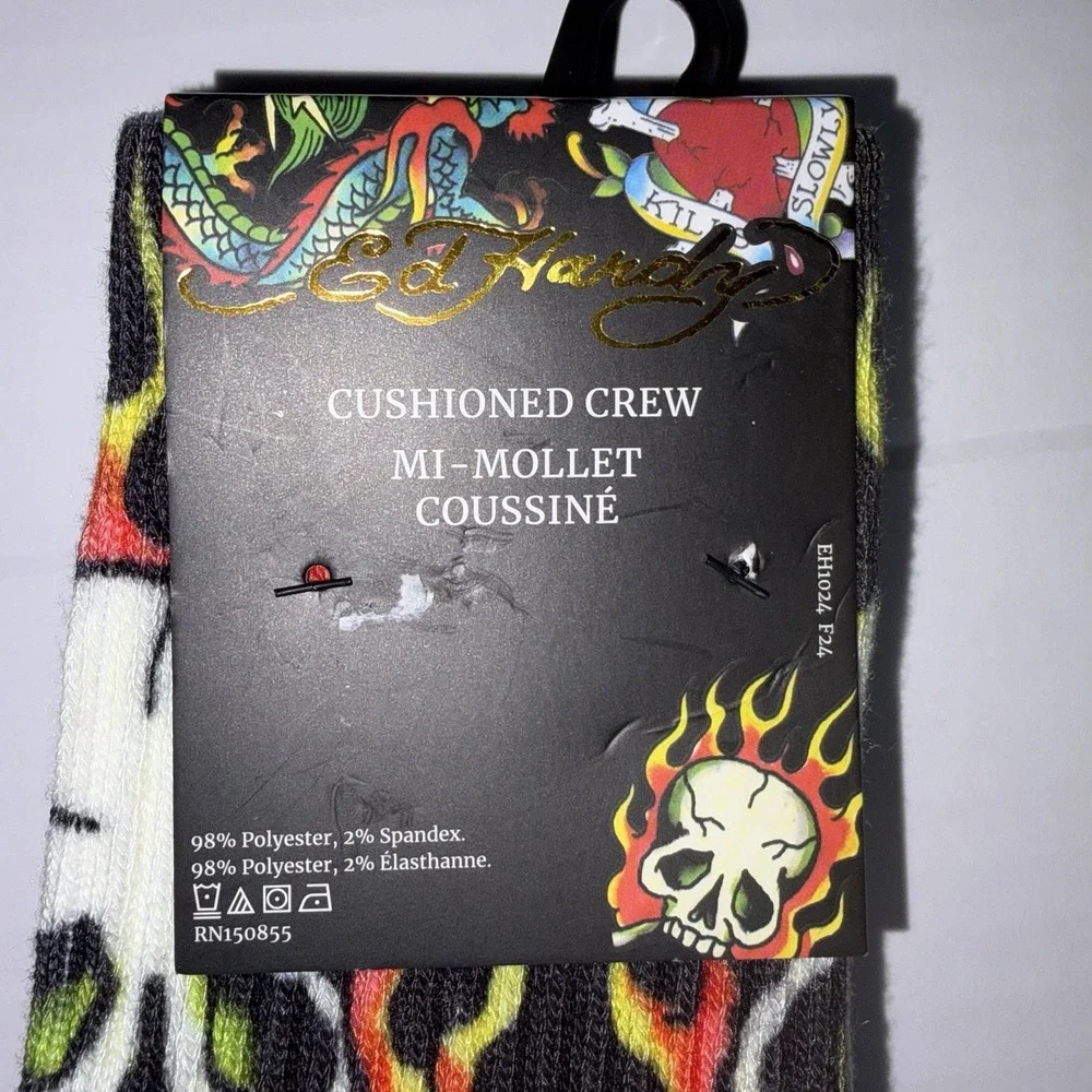 Ed Hardy 3 Pair Crew Socks Skull Tiger Tattoo Flames Black Multicolor New